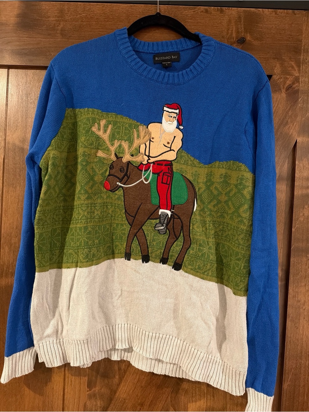 Men's B Holiday Sweater with Shirtless Santa & Reindeer